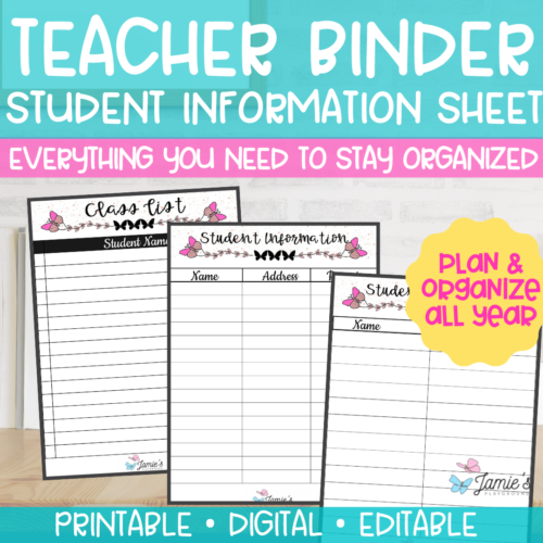 Editable Binder Documents for Teacher Binder and Planner | Student Information - Butterfly Theme's featured image