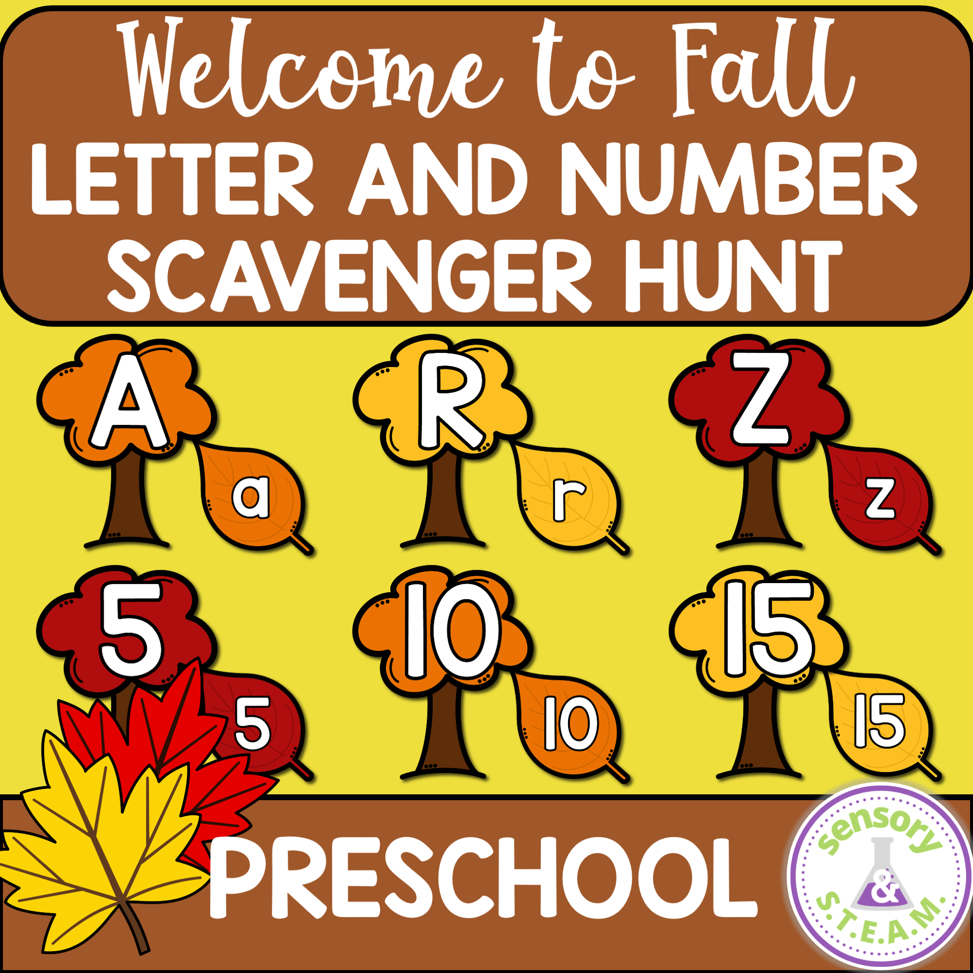 FALL Themed Letter and Number Scavenger Hunt with Tracing Sheets
