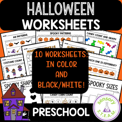 HALLOWEEN No-Prep Worksheets for Preschool | patterns, counting, graph, cutting's featured image