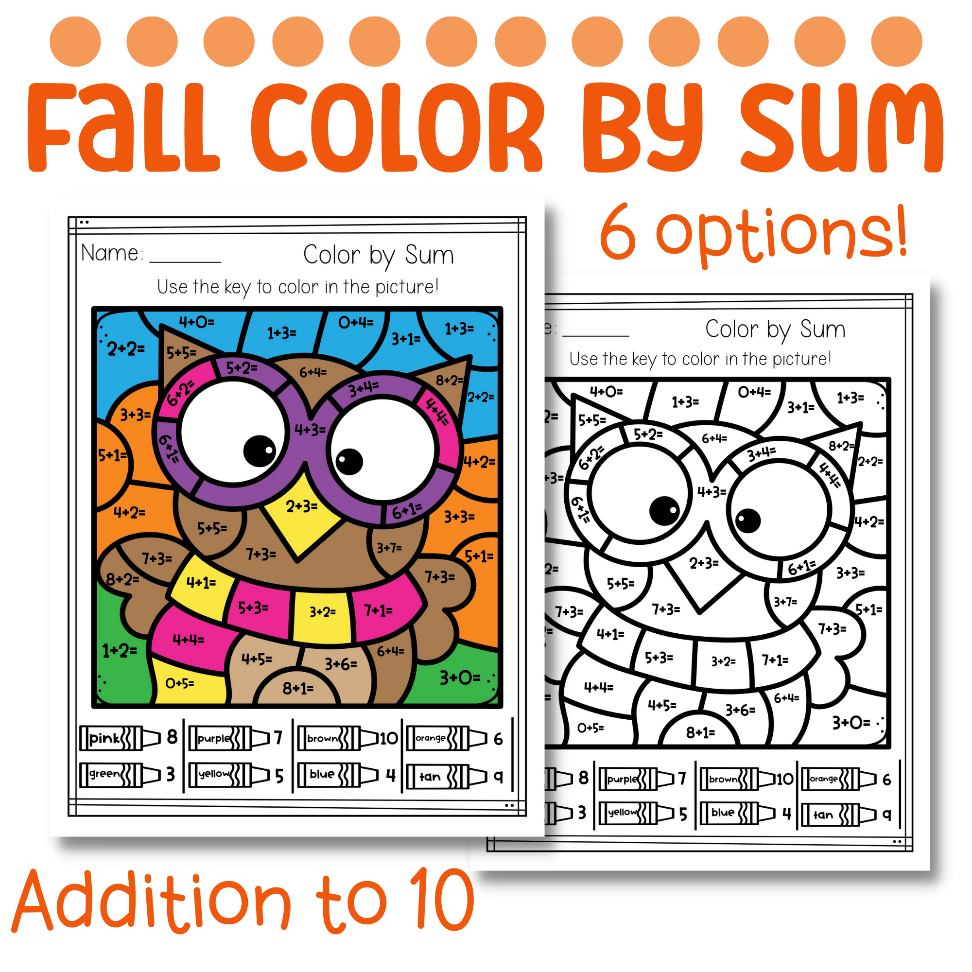 Fall Color by Number: Color by Sum, Addition to 10, Color by Code