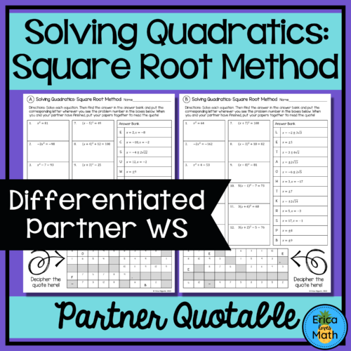 Solving Quadratics by Square Root Method Differentiated Partner Worksheets's featured image