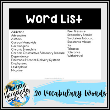 Health Vocabulary Word Wall | Tobacco Unit