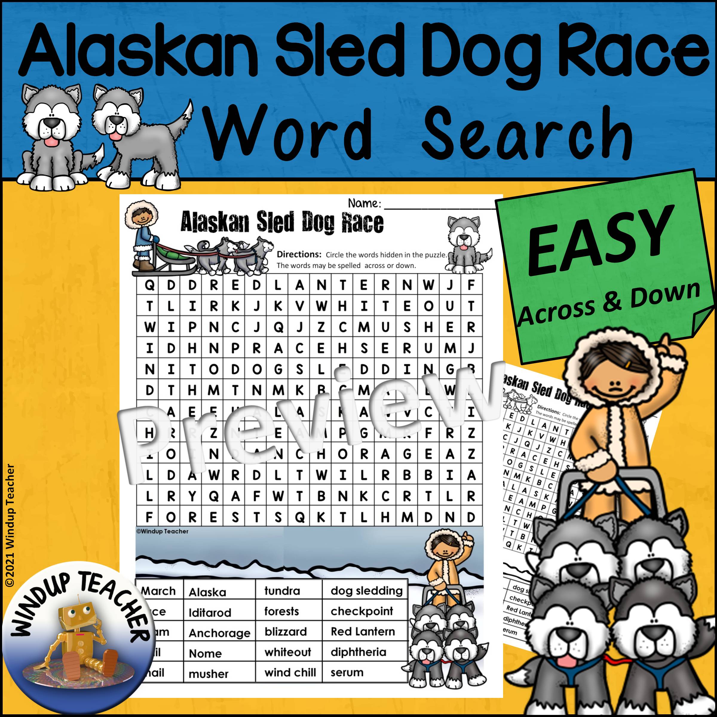 Alaskan Sled Dog Racing Word Search EASY Puzzle Classful