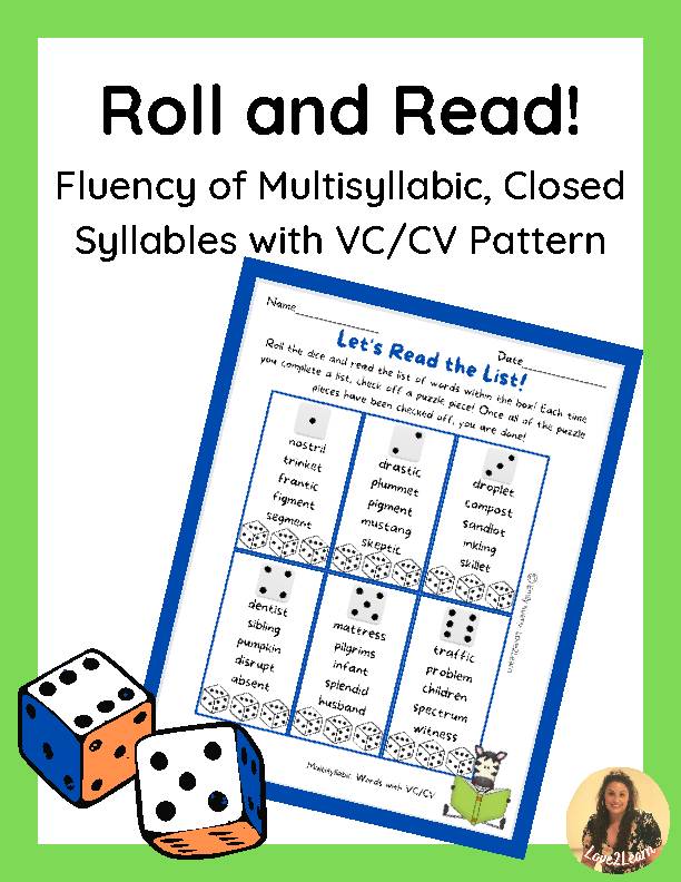 Roll and Read Word List-Multisyllabic Short Vowel VC/CV with Blends