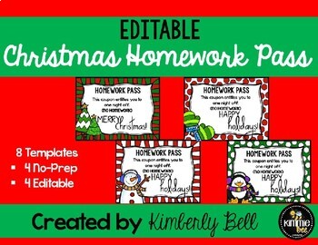 1st 2nd 3rd 4th 5th Grade Christmas Holiday Homework Pass Gift Idea
