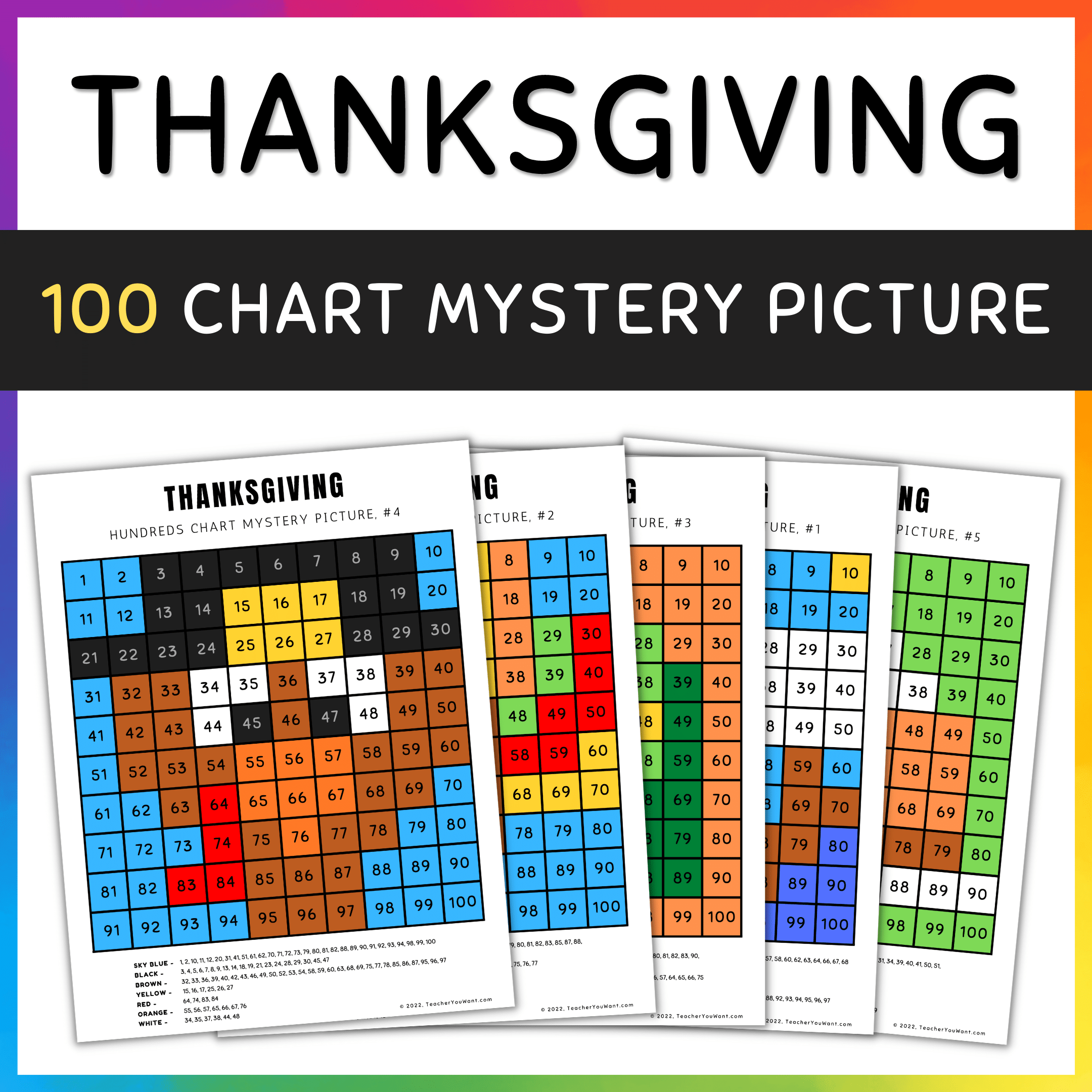 Thanksgiving Math, Hundreds Chart Mystery Picture, Color By Number