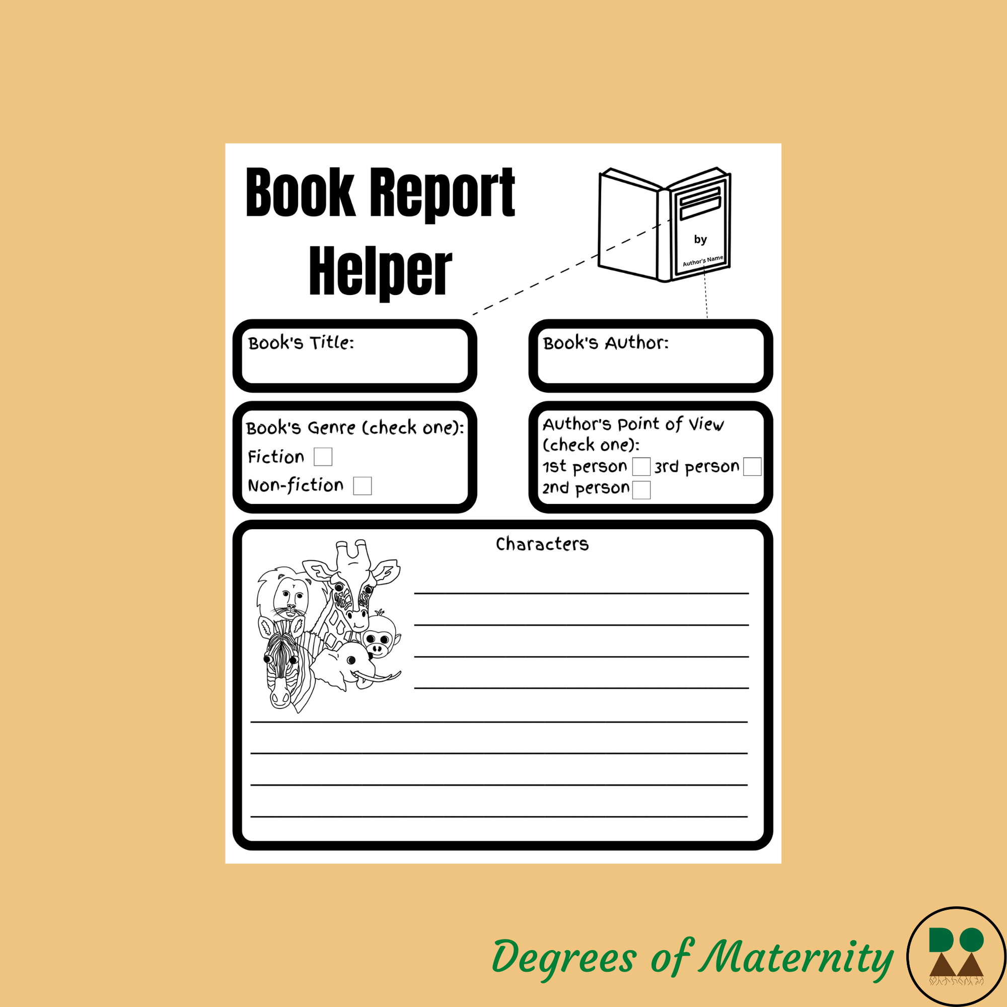 Safari Animals Book Report Helper (coloring pages), reading and writing ...