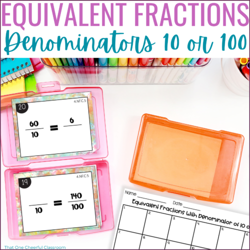 4th Grade Equivalent Fractions with Denominators of 10 or 100 Math Task Cards's featured image