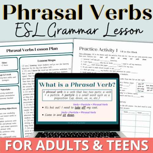 Phrasal Verbs ESL English Grammar Lesson Activities Worksheets for Adults and High School ELL Newcomers's featured image