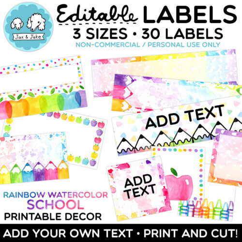 Editable Rainbow Watercolor School Classroom Labels - Name Tags, Student Desk Plates, Cart Labels, and Book Bin Labels's featured image