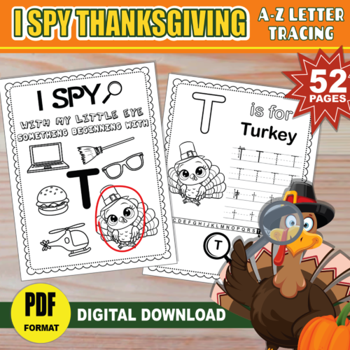 I Spy Thanksgiving Activity | A-Z Beginning Sounds | Letter Tracing & Coloring's featured image