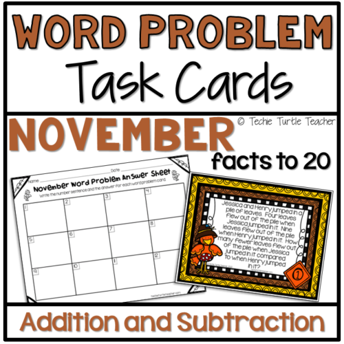 Addition & Subtraction Facts within 20 Fall Word Problem Task Cards November's featured image
