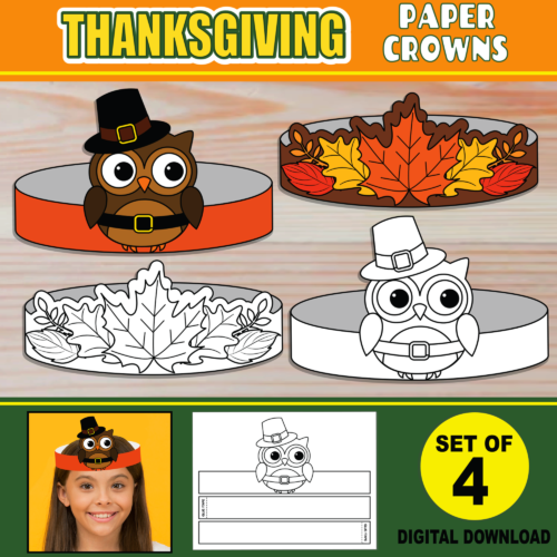 Thanksgiving Paper Crown Hats | Owl + Leaves Headbands | Thanksgiving Activity Crafts's featured image