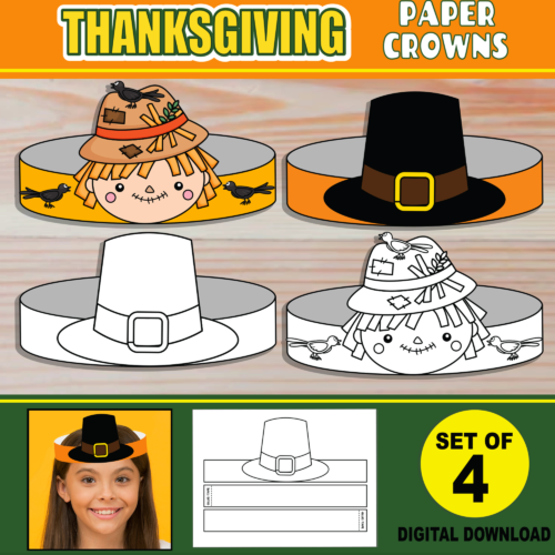 Thanksgiving Paper Crown Hats | Scarecrow + Hat | Thanksgiving Activity Crafts's featured image