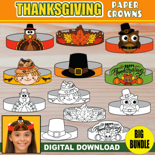 Thanksgiving Paper Crowns for Kids | Big BUNDLE of 12 | PRINTABLE Hat Headbands | Craft Activity for Party & Decor | + Coloring Versions's featured image