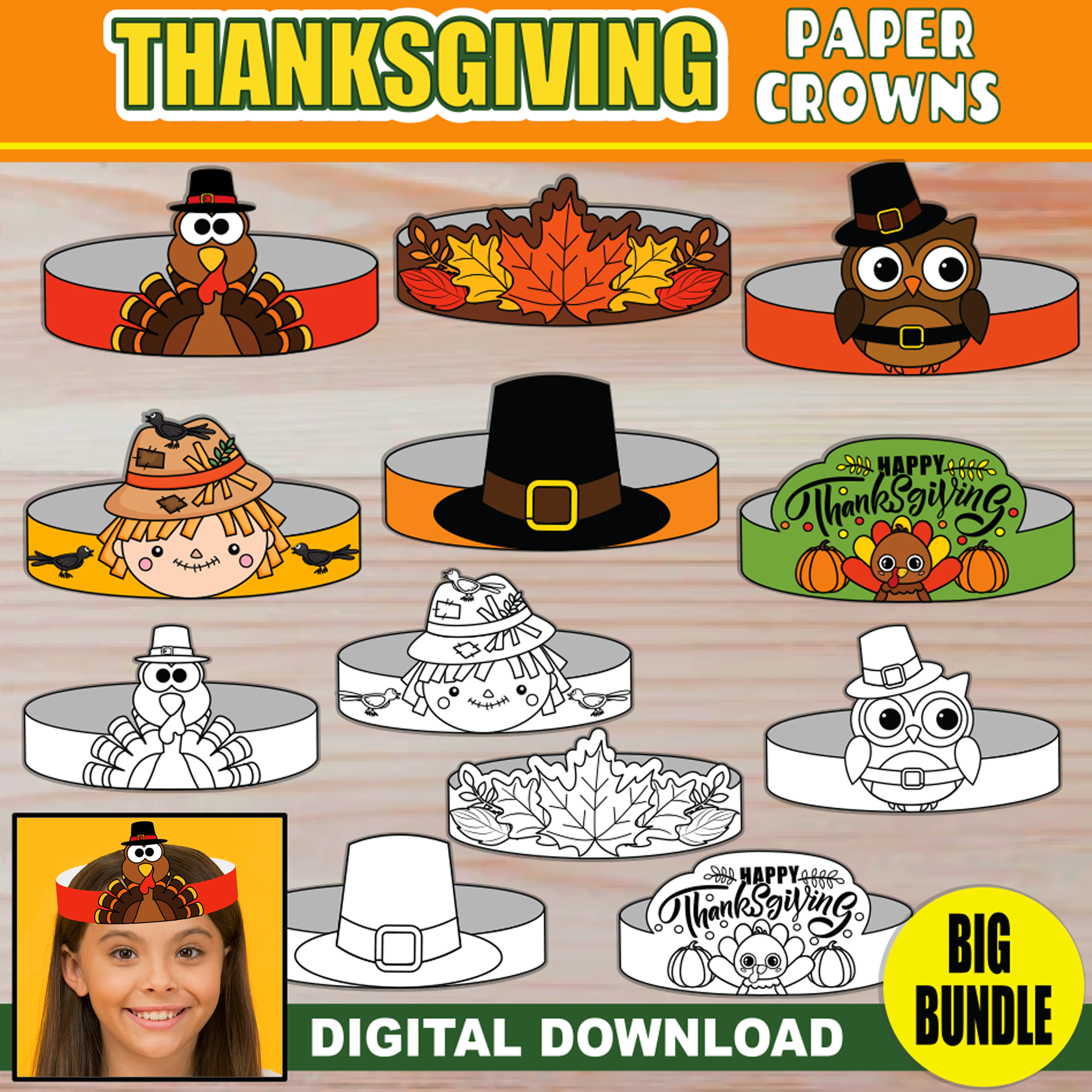 Thanksgiving Paper Crowns for Kids | Big BUNDLE of 12 | PRINTABLE Hat ...
