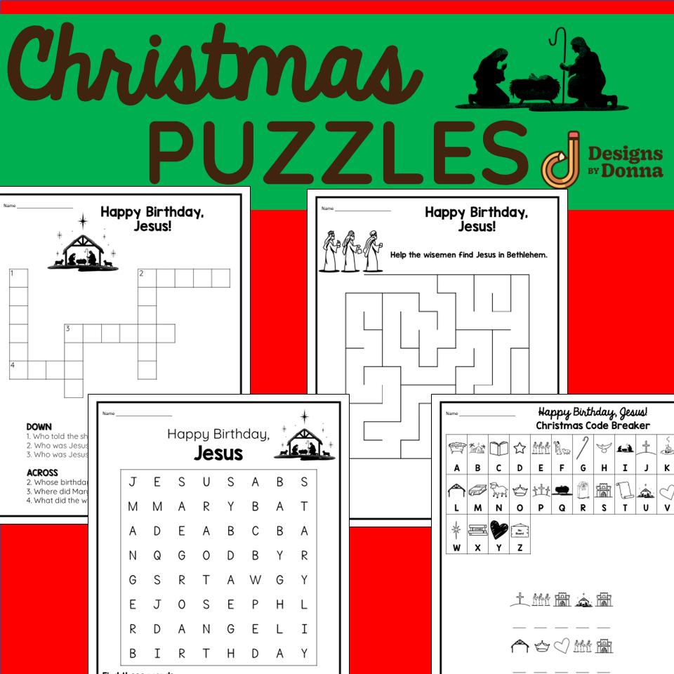 Jesus Christmas Puzzles – Crossword, Wordsearch, Maze, Code Breaker – No Prep