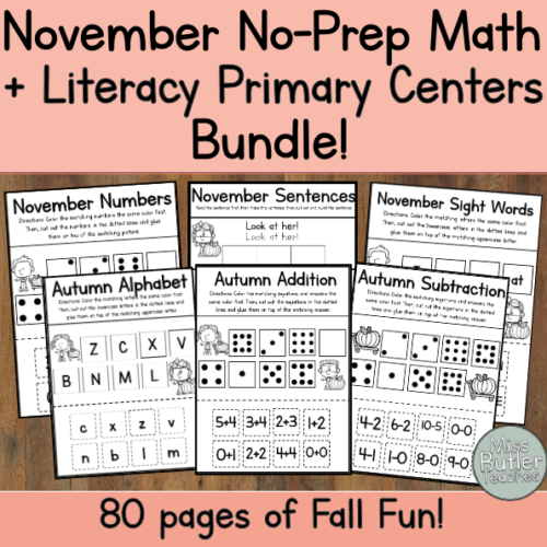 Cut, Match, + Glue November Literacy and Math Center Bundle! VPK + Kindergarten's featured image