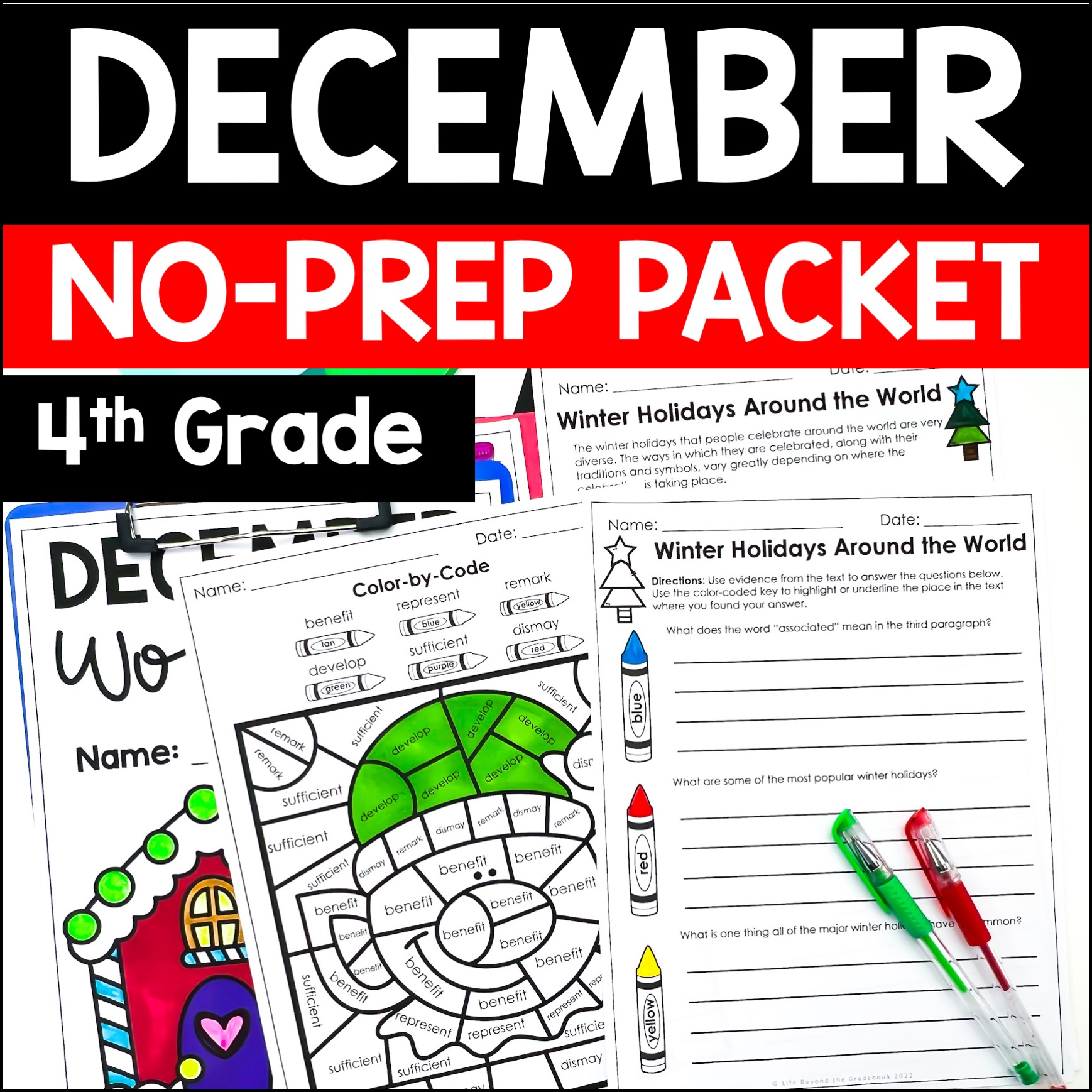 December Math and Reading Packet | 4th Grade Christmas Math & Reading Activities