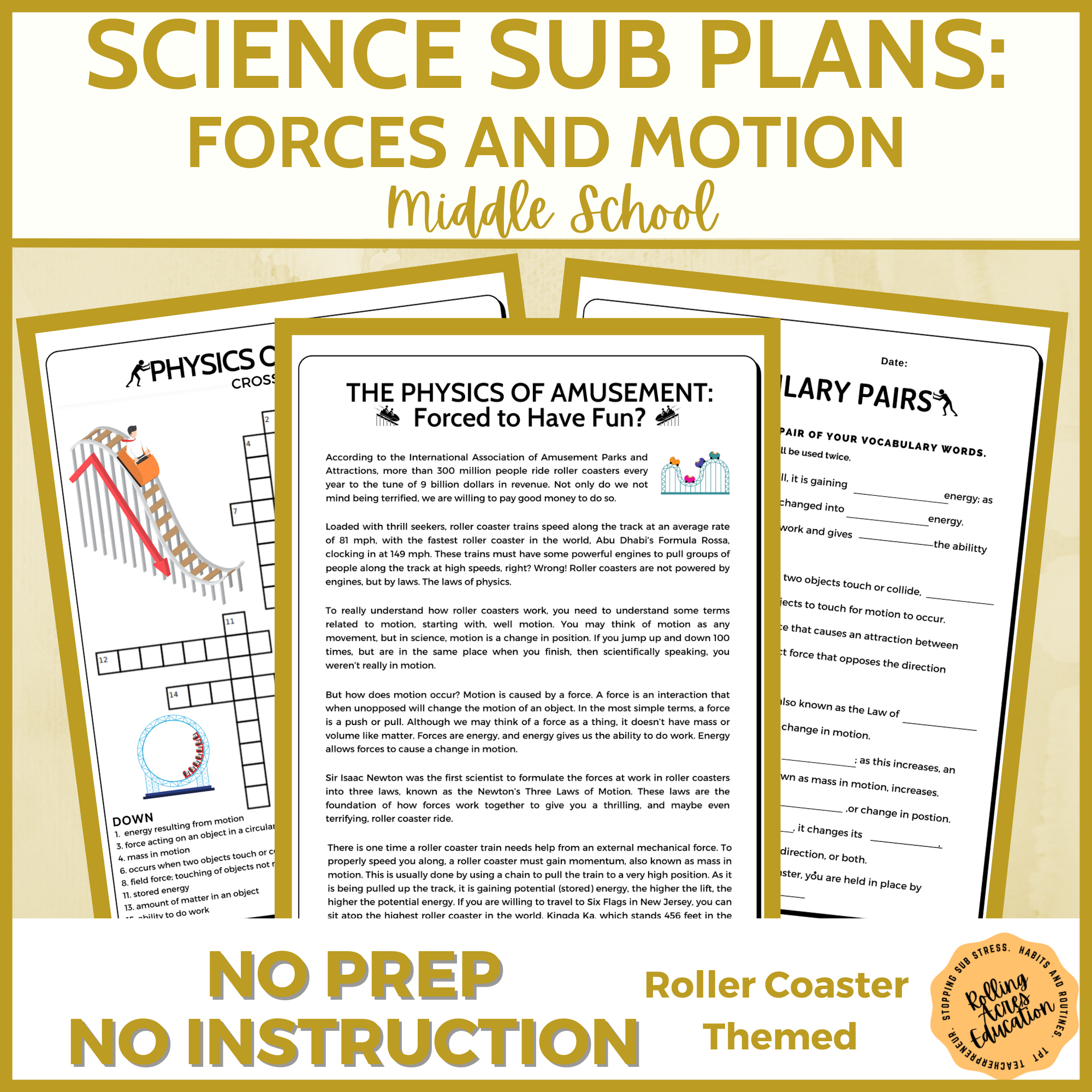 Forces and Motion Middle School Science Sub Plan or Independent Work