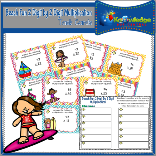 Beach Fun 2 Digit By 2 Digit Multiplication Task Cards With Response Sheet & Answer Key's featured image