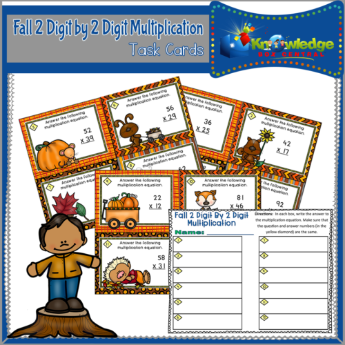 Fall 2 Digit By 2 Digit Multiplication Task Cards With Response Sheet & Answer Key's featured image