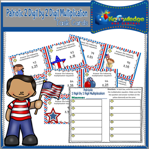 Patriotic 2 Digit By 2 Digit Multiplication Task Cards With Response Sheet & Answer Key's featured image