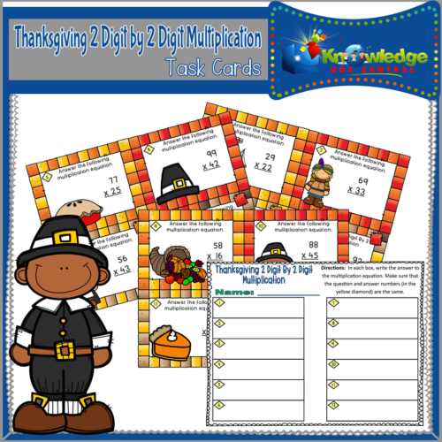 Thanksgiving 2 Digit By 2 Digit Multiplication Task Cards With Response Sheet & Answer Key