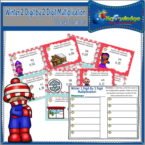 Winter 2 Digit By 2 Digit Multiplication Task Cards With Response Sheet & Answer Key