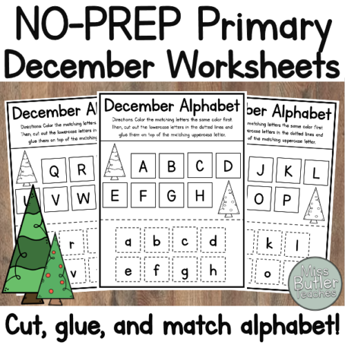 December Kindergarten Worksheets - Cut Glue and Match Alphabet Center!