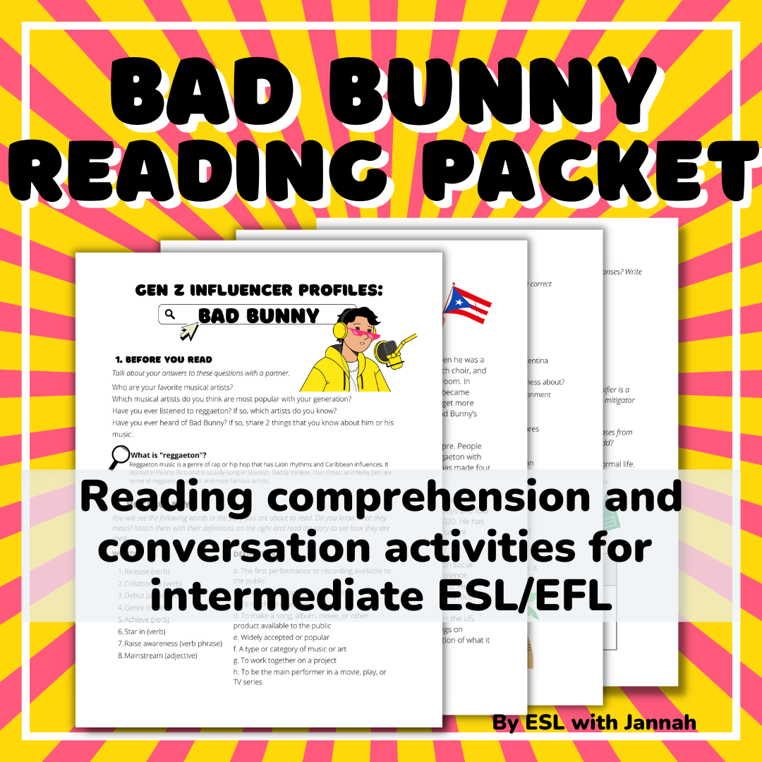 Bad Bunny ESL Reading Comprehension Passage and Activities's featured image
