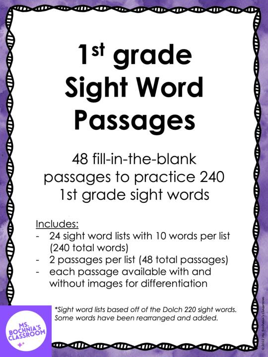 Sight Word Cloze Passages 1st gr