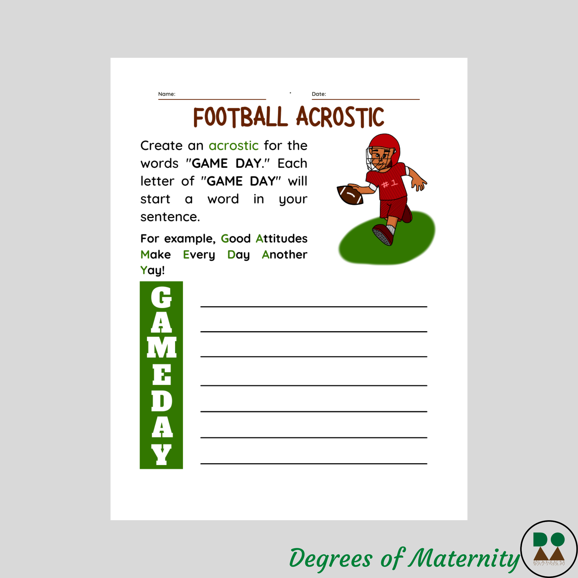 Football Acrostic Activity Sheets, writing incentive - Classful