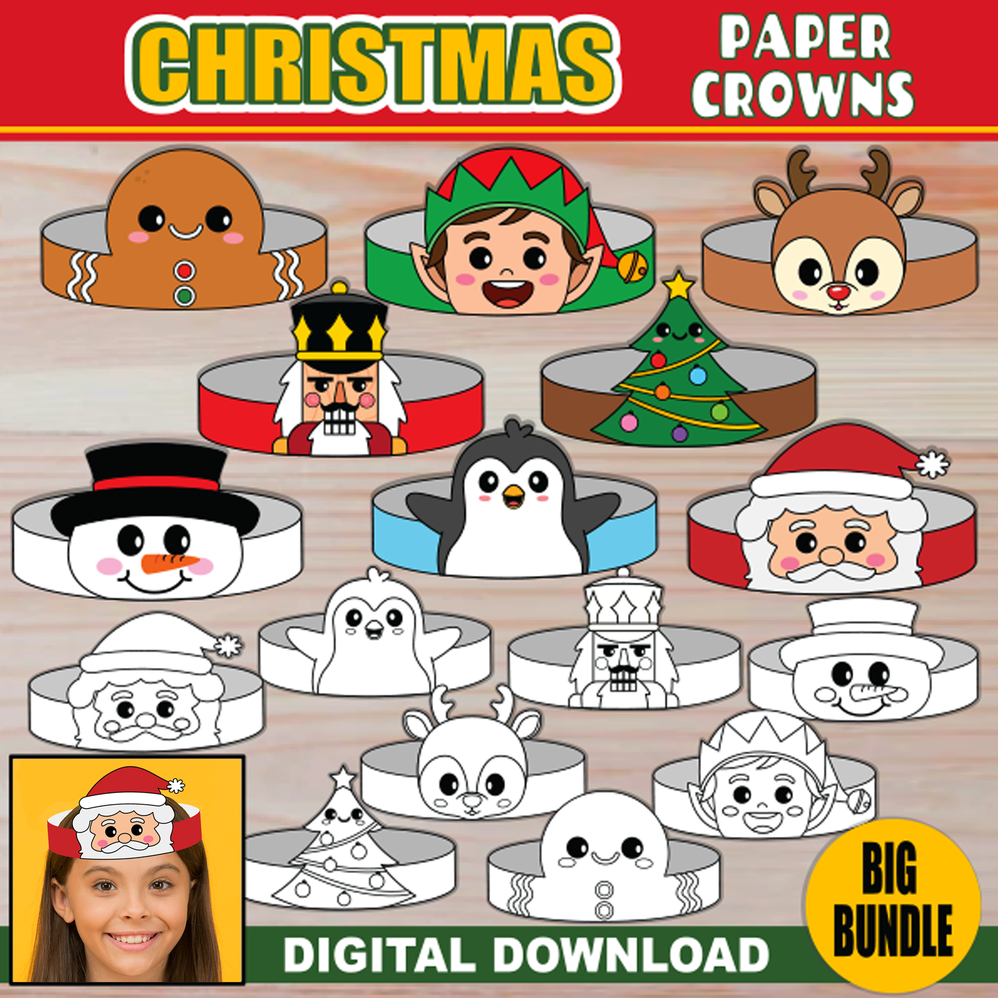 Christmas Paper Crowns | BUNDLE of 16 | PRINTABLE Christmas Hat Headbands | Christmas Craft Activity Party Favors |+ Coloring Versions's featured image