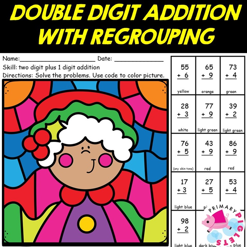 CHRISTMAS 2-DIGIT ADDITION WITH REGROUPING COLOR BY NUMBER CODE MRS. CLAUS's featured image