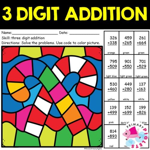 Christmas Math Coloring Pages 3 Digit Addition with Regrouping Color by Number Code Candycanes's featured image
