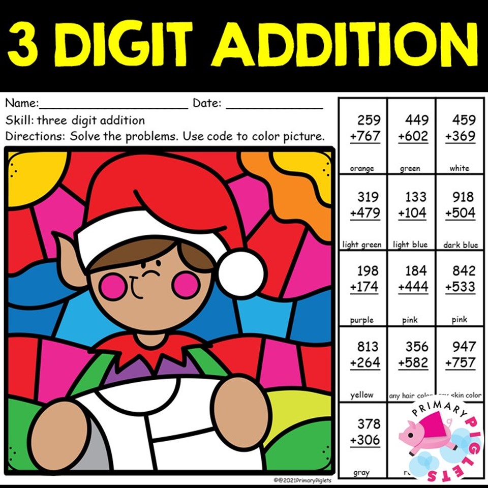 Christmas Math Coloring Pages 3 Digit Addition with Regrouping Color by Number Code Elf Classful