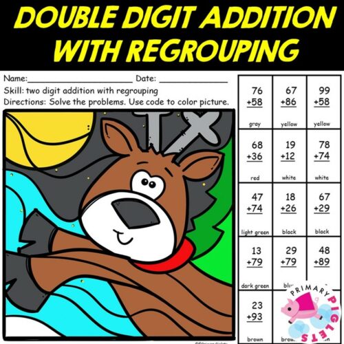 CHRISTMAS 2-DIGIT ADDITION WITH REGROUPING COLOR BY NUMBER CODE REINDEER's featured image