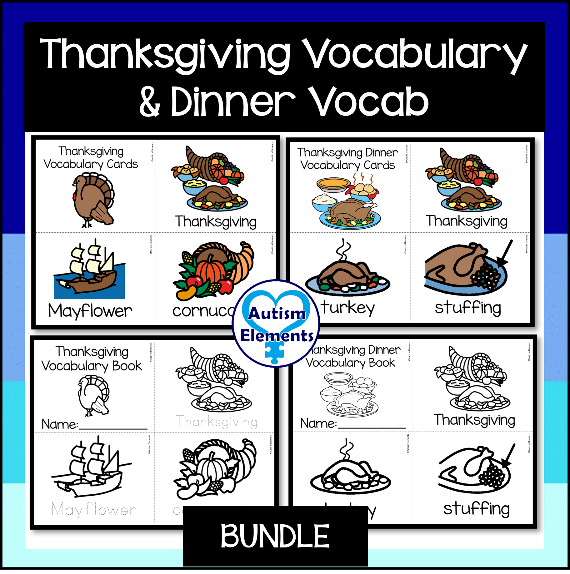 Thanksgiving Vocabulary Cards & 3 Level Books Bundle's featured image