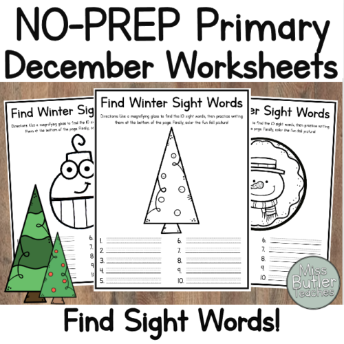 December Kindergarten Worksheets - Find Winter Sight Words Center