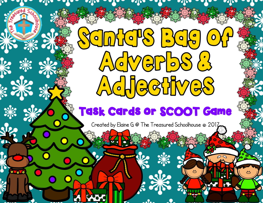 Adverbs and Adjectives Task Cards or SCOOT Game with Santa