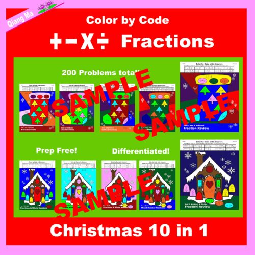 Christmas Color by Code: Fractions: Add, Subtract, Multiply, and Divide 10 in 1