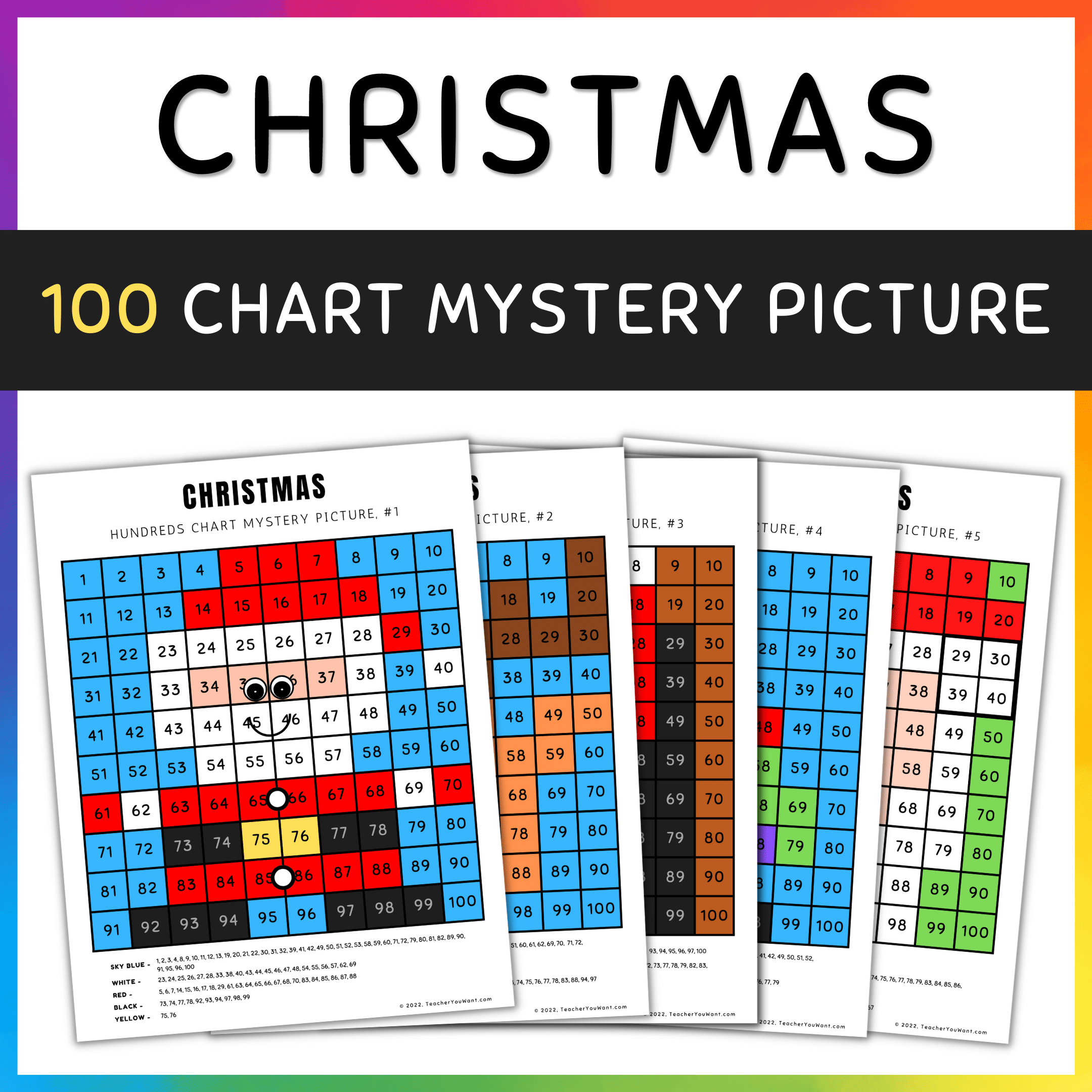 Christmas Math, Hundreds Chart Mystery Picture, Color By Number