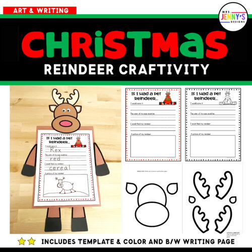 Christmas Pet Reindeer Art Craft and Writing Project Craftivity Activity's featured image