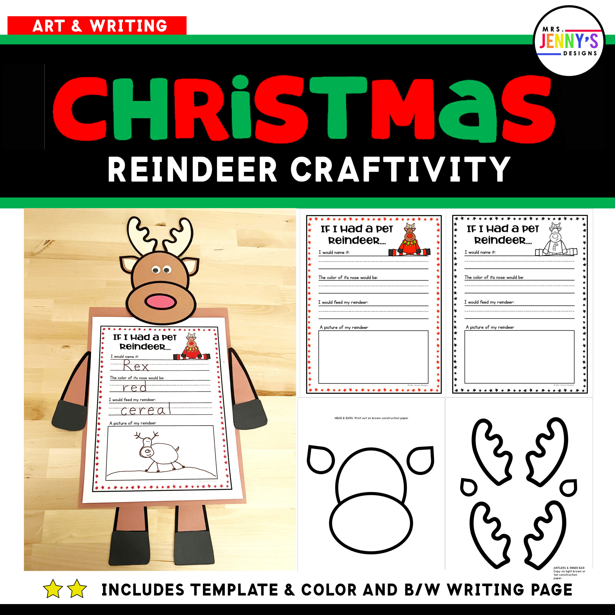 Christmas Pet Reindeer Art Craft and Writing Project Craftivity Activity