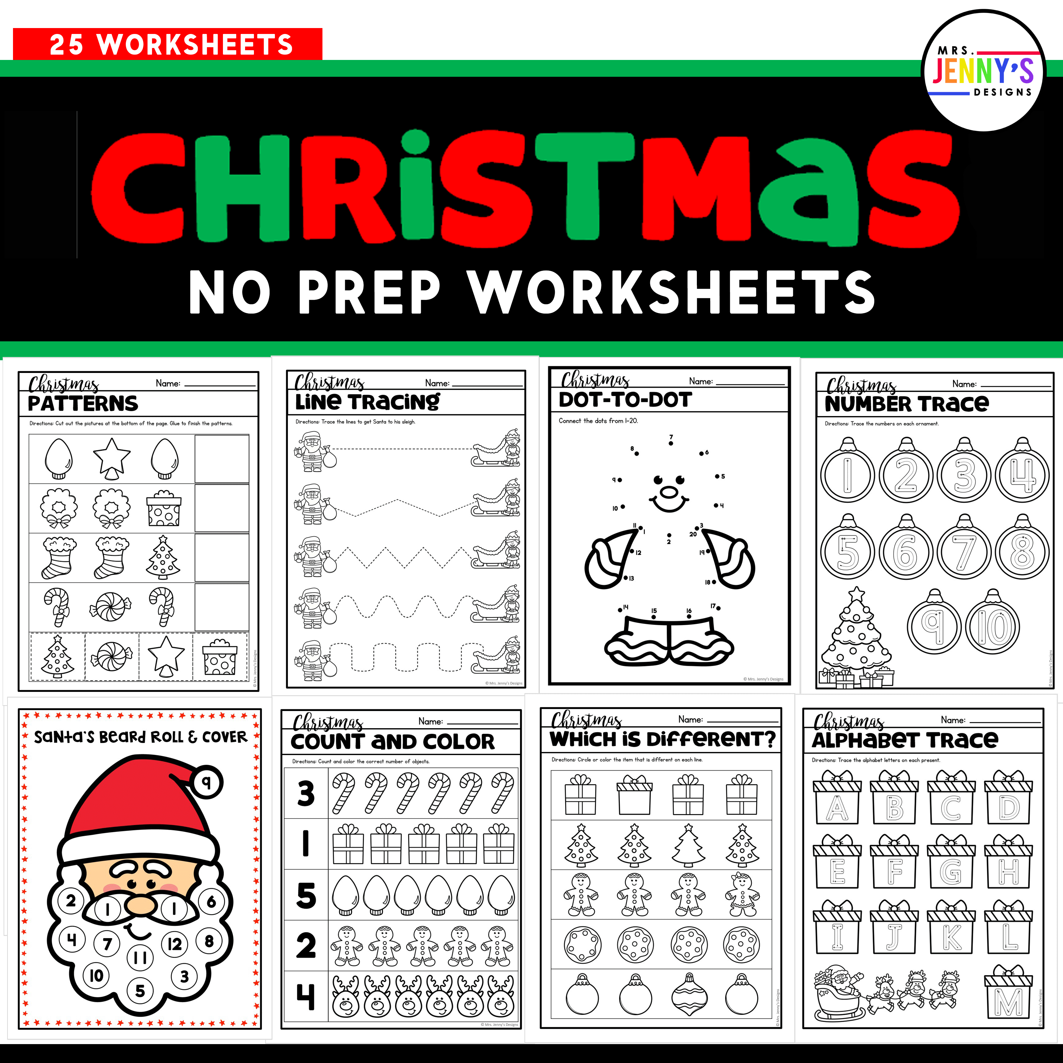 25 Christmas No Prep Worksheets & Activities for Preschool and Kindergarten