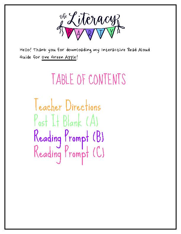 One Green Apple- Interactive Read Aloud Guide - Classful