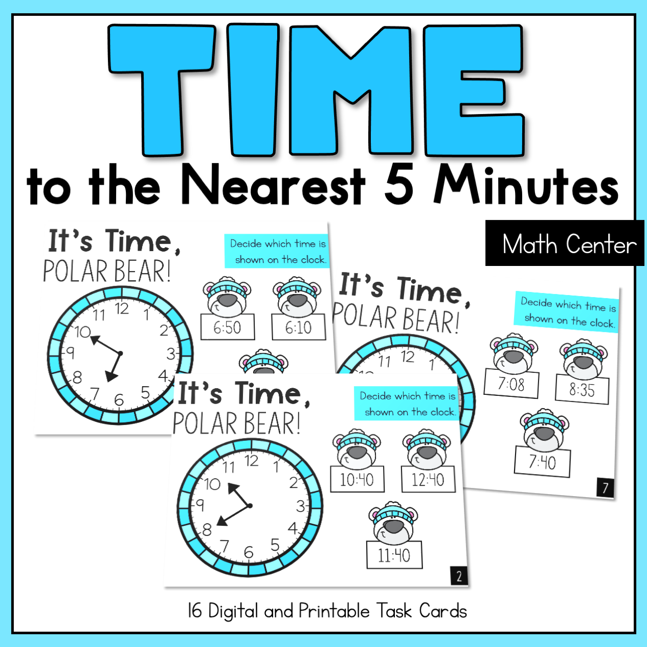 Telling Time to the Nearest 5 Minutes 2nd Grade Math Center Winter Task Cards