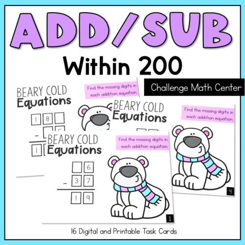 Addition to 200 and 2 Digit Subtraction 2nd Grade Math Center Winter Task Cards's featured image
