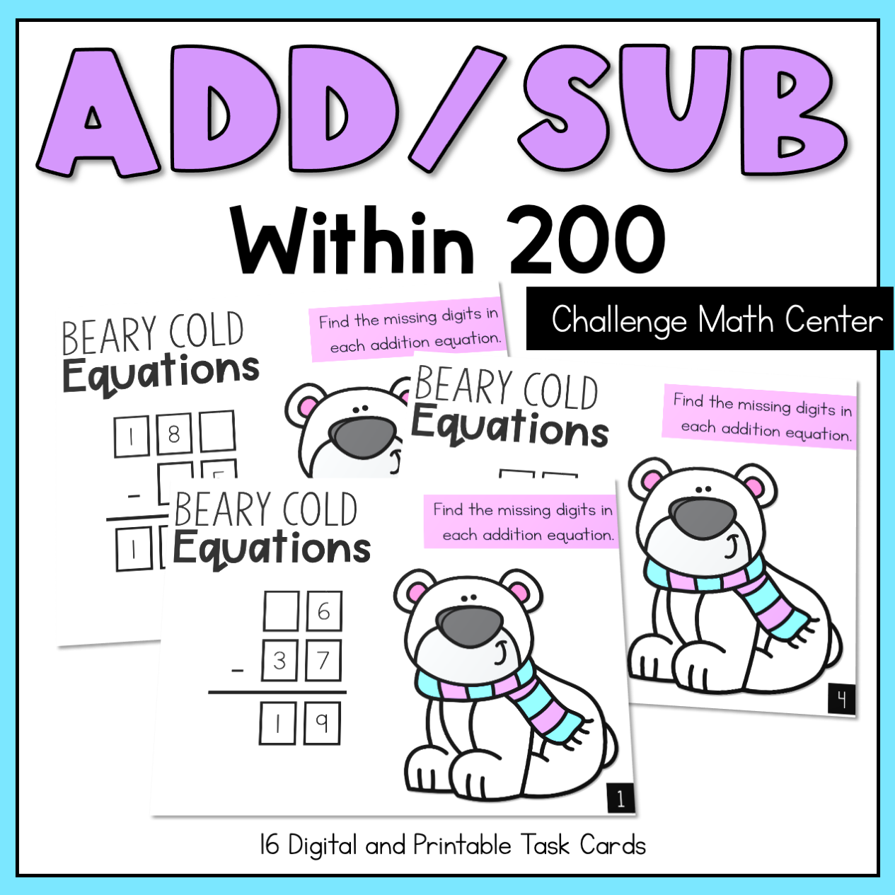 Addition to 200 and 2 Digit Subtraction 2nd Grade Math Center Winter Task Cards